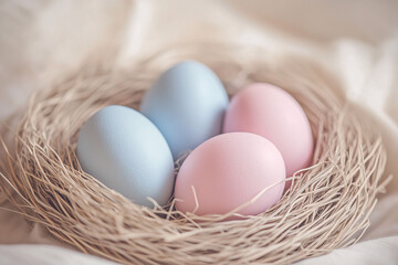 Close up of seasonal pastel blue and pink easter eggs in nest
