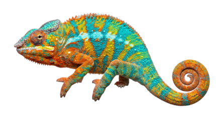 A colorful chameleon on transparent background changing its skin color