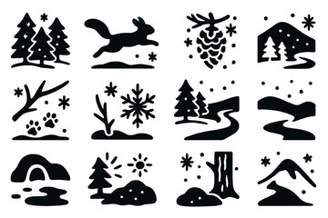 Winter Woodland Icons. Solid style icons of Snowy woodland scene: pine forest, squirrel leap, white ground, icy pinecone, tree