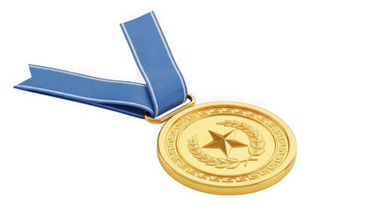 Shiny Gold Medal With Blue Ribbon For Achievement And Victory