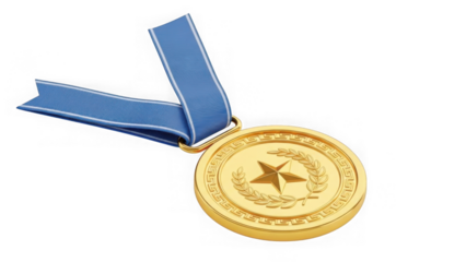 Shiny Gold Medal With Blue Ribbon For Achievement And Victory