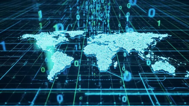 Futuristic digital data visualization with a luminous sapphire blue, emerald green grid, and a holographic world map. Flowing binary code, slow dolly out, pan revealing boundless information flow