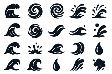 Fototapeta premium Dynamic Water Icons. Solid style icons of Extreme Water Motion: crashing wave, turbulent swirl, spiral foam, spray arc, flow crest