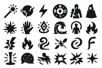Obraz premium Magic Duel Icons. Solid style icons of Magic Duel: glowing staff, energy sphere, lightning arc, runic circle, cloaked figure,