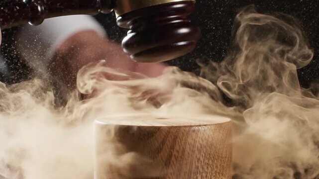Dramatic Judge's Gavel Strike with Dust Explosion, Wooden Block and Dramatic Smoke Texture