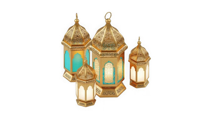 Ornate Golden Islamic Lanterns With Teal And White Glow On Black