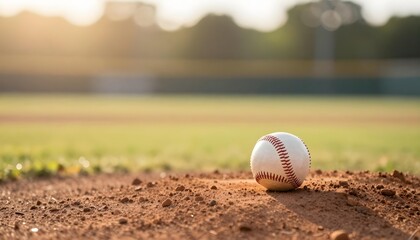 Baseball resting on the pitcher's mound at sunset with stadium lights in the background