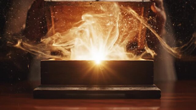 Mysterious Revelation: A hands open a wooden box, unleashing a brilliant, ethereal light, hinting at secrets and wonders within.