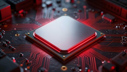 Close-up of a central processing unit on a glowing red circuit board