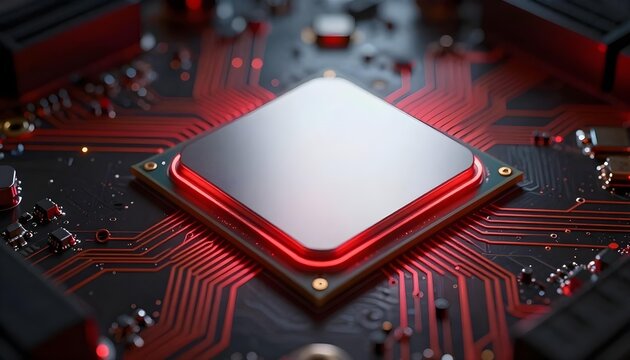 Close-up of a central processing unit on a motherboard with glowing red circuits - Powered by Adobe