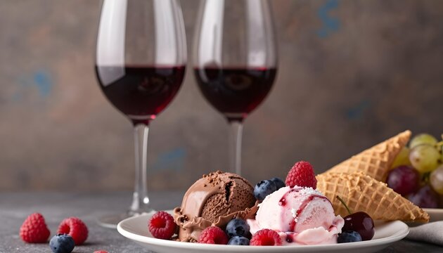Elegant dessert pairing of red wine and gourmet ice cream with fresh berries and grapes
