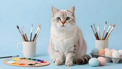 Cute cat with painting supplies and Easter eggs on a pastel blue background