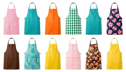 Collection of various patterned and solid color aprons arranged in a grid