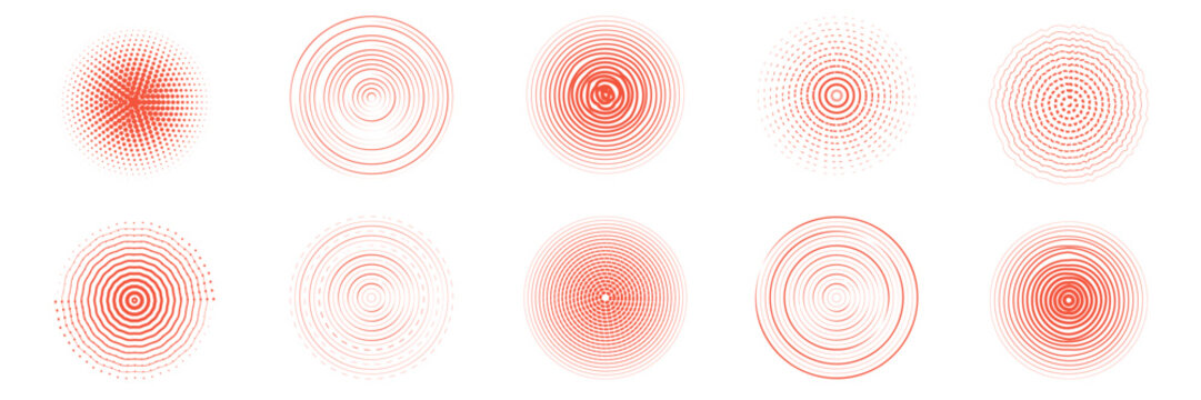 Radial red circles expand from center creating echo effect with geometric pattern, concentric rings and gradient halftone design for speaker audio concepts.