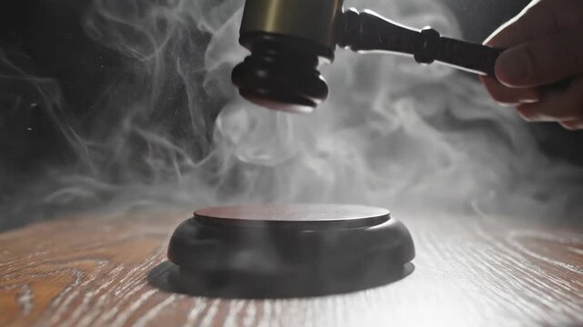 Dramatic Judge's Gavel Striking Amidst Swirling Smoke on a Wooden Surface