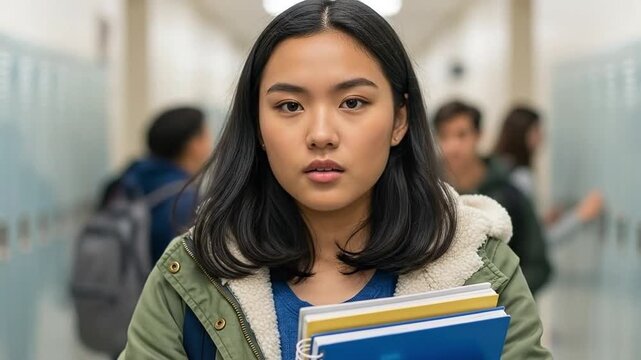 Teenage Asian Female Student Holding Books in School Hallway with Lockers and Classmates