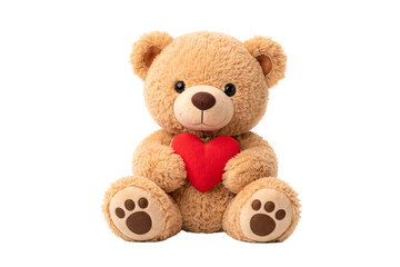 Obraz premium Teddy bear holding red heart on transparent background. Cute Valentine’s Day gift. Love concept.