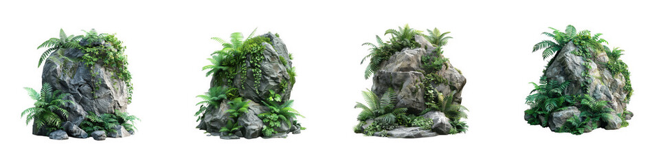 Fototapeta premium Four rocky islands with lush green vegetation and tropical plants presented individually on transparent background