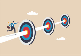 Achievements or challenge to achieve targets and business goals, objectives and purpose, journey to succeed in work and career concept, confidence businessman running on arrow way through targets.