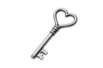 Vintage metal key in heart shape on transparent background. Love symbol. Valentine’s Day concept.