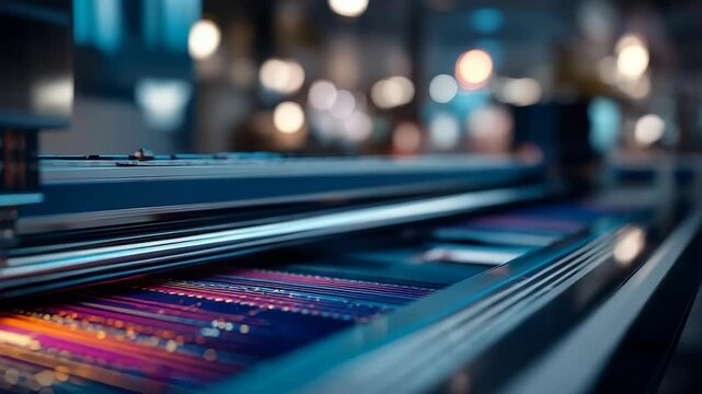 Close up view of a cutting edge robotic system assembling complex microchips on a production line. Futuristic technology and automation enable efficient electronics manufacturing in industry 4.0