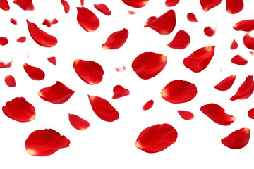 Red rose petals scattered on transparent background. Valentine&rsquo;s Day background. Romantic texture.