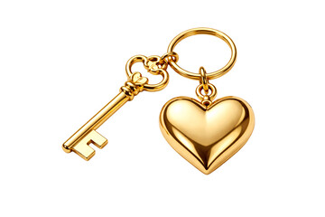 Golden key with heart-shaped keychain on transparent background. Love symbol. Valentine&rsquo;s Day concept.