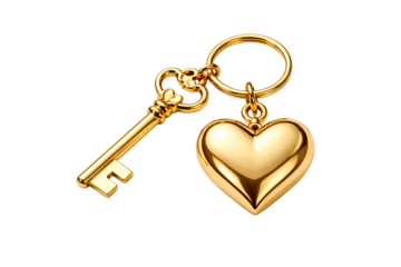 Golden key with heart-shaped keychain on transparent background. Love symbol. Valentine’s Day concept.