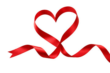 Red satin ribbon shaped as heart on transparent background. Romantic decoration. Love theme.