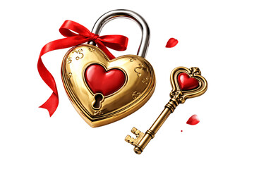 Golden heart lock with key on transparent background. Love and romance symbol. Valentine&rsquo;s Day concept.