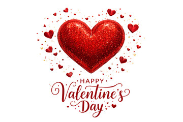 Red glitter heart with Happy Valentine&rsquo;s Day text on transparent background. Holiday greeting design.