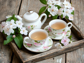 Tea cup teapot saucer flower wooden tray rustic vintage tea cup and teapot with floral pattern on wooden tray and blossom flower arrangement