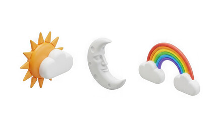 3d Weather Icons Set Sun Moon And Rainbow With Clouds