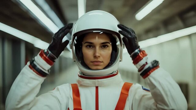 A female astronaut looks straight into the camera, ready for flight.