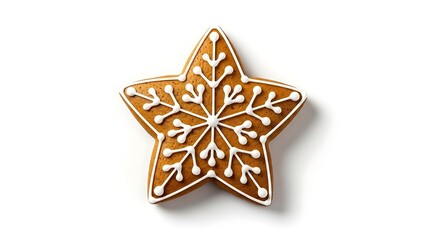 Close-up of a gingerbread star cookie, decorated with white icing, on a white background