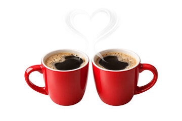 Two red coffee cups on transparent background. Romantic morning. Love and lifestyle concept.