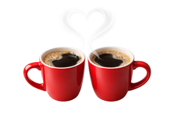 Two red coffee cups on transparent background. Romantic morning. Love and lifestyle concept.
