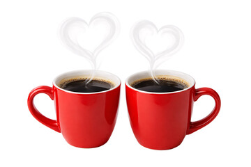Two coffee cups with heart-shaped steam on transparent background. Love and relationship concept.