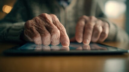Elderly hands touch a tablet screen