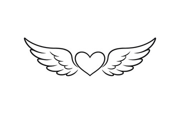 Angel wings with heart line icon on transparent background. Love symbol. Valentine&rsquo;s Day graphic.