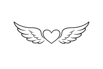 Angel wings with heart line icon on transparent background. Love symbol. Valentine’s Day graphic.