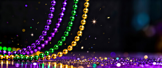 Mardi Gras Beads Falling on Dark Blurred Background