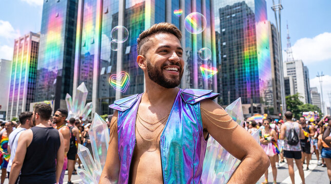 a smiling bearded man with short brown hair, wearing a shimmering purple and blue sleeveless top.