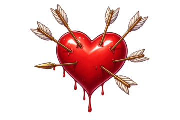 Red heart pierced by arrows on transparent background. Dramatic love symbol. Valentine’s Day concept.