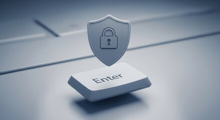 Digital security shield and padlock hovering above a white Enter key, symbolizing online authentication and data protection.