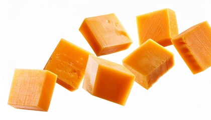 several pieces of cheddar cheese falling through the air isolated on white background