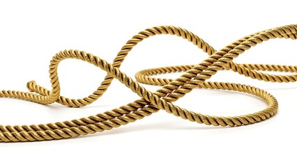 Close-up studio shot of a golden rope twisting and turning against a plain white background