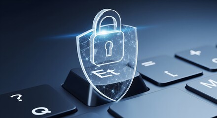 Digital security concept with glowing shield and padlock icon overlaid on a computer keyboard, representing data protection and internet safety.