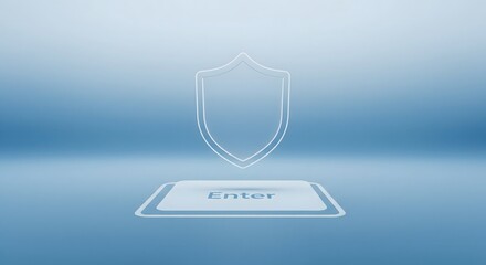 Glowing shield icon hovering above a stylized Enter key in a secure digital interface on a blue background.