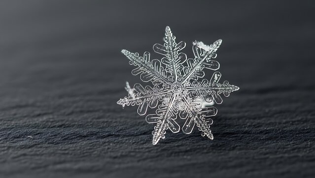 Close-up view of a delicate snowflake, crystal clear against a dark, textured background